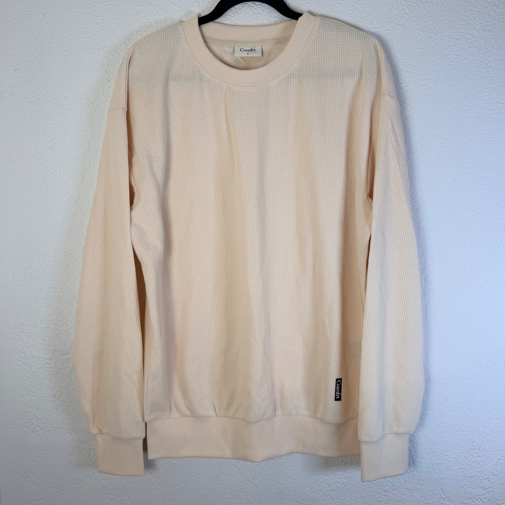 NEW Comfrt Unisex S Waffle Knit Oversized Sweatshirt Cream Thermal Crewneck